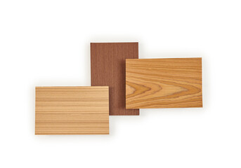Group of small samples of wooden parquet, wooden object different style and color isolated white background.