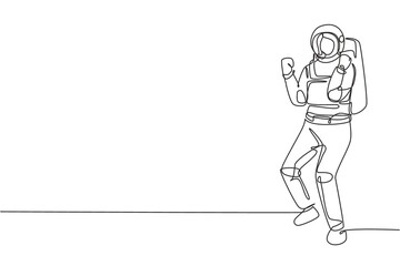 Single one line drawing female astronaut stands with celebrate gesture wearing space suit exploring earth, moon, other planets in the universe. Continuous line draw design graphic vector illustration