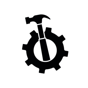 Hammer and gear glyph icon. Vector isolated black illustration.