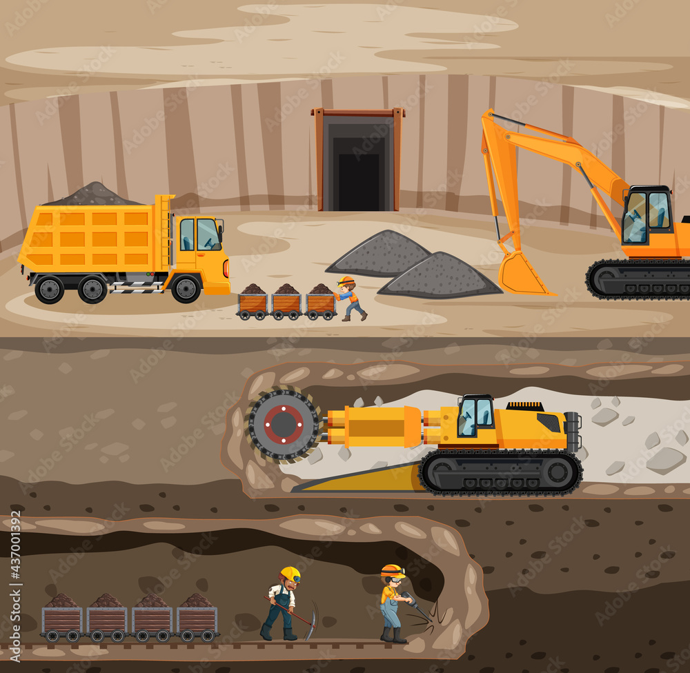 Sticker landscape of coal mining with underground scene