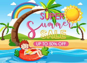 Super Summer Sale banner with a girl laying on swimming ring at the beach