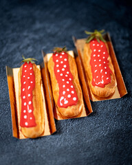 strawberry evening cake like caviar on a wooden background