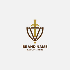 Letter V and Sword on Shield Monogram Initial Logo in White Background