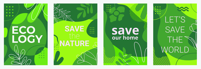 Set of Ecological posters with green backgrounds, liquid shapes, leaves and elements. Layouts for prints, flyers, covers, banners design. Eco concepts. Vector illustration - 437001960