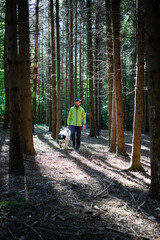 Obraz premium man with dog walking in forest
