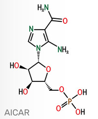 AICA ribonucleotide, AICAR molecule. It is aminoimidazole, cardiovascular drug, plant and human metabolite. Skeletal chemical formula