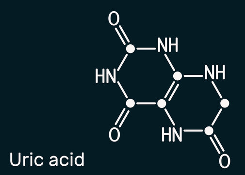 Uric acid molecule. It is heterocyclic compound, crystalline product of protein metabolism, found in the blood and urine. Skeletal chemical formula on the dark blue background