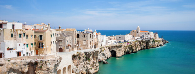 View of Vieste town, Gargano, Puglia, Italy. Panoramic view. Travel, tourist destination, vacations concept