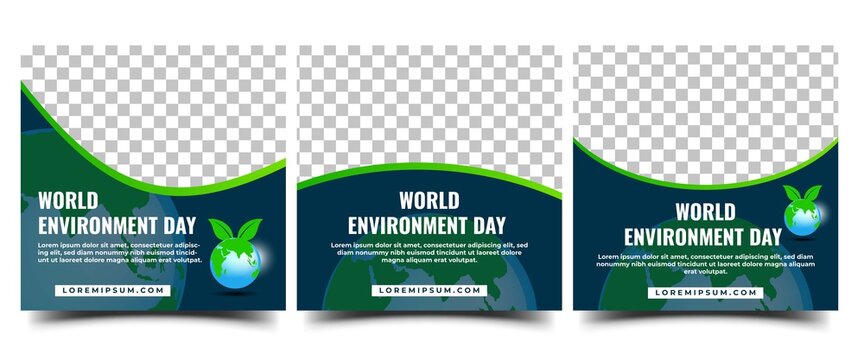 World Environment Day Social Media Template. Set of Square Banner Template Design With Globe and Leaf illustration. Vector Design with Place for The Photo.