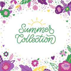 Summer Collection Banner. Trendy Template For Advertising, Greeting Cards, Flyers. Fashion For Kids, Wedding Business. Frame With Flowers and Plants. Vector Illustration Background