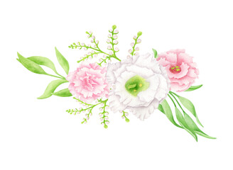 Watercolor flower bouquet illustration. Hand painted floral border arrangement isolated on white background. Elegant blush, white and pink flower heads with leaves for wedding invitations, cards.