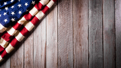 Fototapeta na wymiar 4th of July happy independence day concept. Vintage American flag on old wooden background.