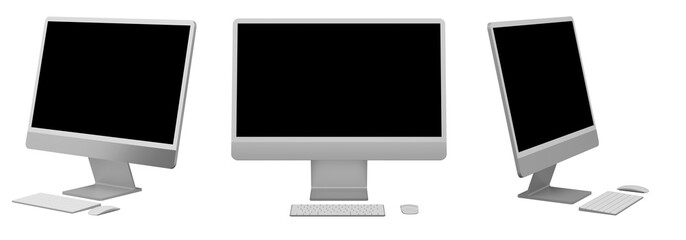 3D illustration Modern LED Computer Monitor with keyboard and mouse in 3 view