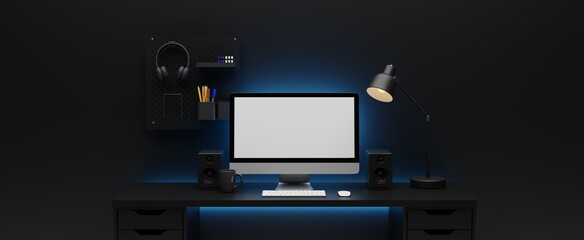 3D illustration Modern Computer with blank screen in the dark room