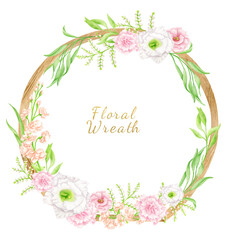 Watercolor floral wreath with wood frame. Hand drawn geometric frame with greenery and flowers isolated on white. Wooden circle, botanical arrangement with pastel flower buds for wedding invitations.
