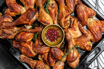 Fried golden chicken wings and legs on baking tray. Oven baked chicken pieces. Restaurant menu, dieting, cookbook recipe