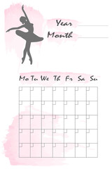Monthly planner. Business organizer page. Schedule of classes for the dance school
