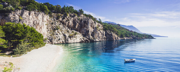Beautiful beach, Dalmatia, Croatia. Makarska riviera, famous landmark and travel touristic destination in Europe. Panoramic view, banner