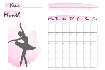 Monthly planner. Business organizer page. Schedule of classes for the dance school