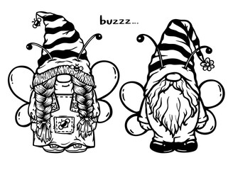 Gnomes Bees, Girl Gnome, doodle art, vector illustration. Cute gnome character. Pair of summer dwarfs in costumes of bumblebee with wings of insects. Scandinavian elf for summer, autumn seasonal party