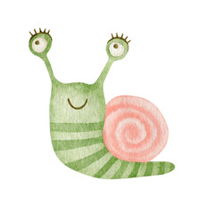 Watercolor snail isolated on white background.