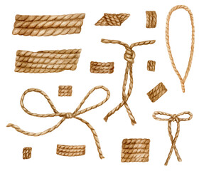 Watercolor rope set. Hand drawn jute cord woth knots illustration. Set of natural burlap rope tied in bow isolated on white background. Nautical elements, rustic decoration. - obrazy, fototapety, plakaty