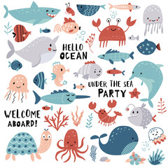 Cute sea animals, ocean set for summer baby shower and girls and boys birthday party design. Cartoon Narwhal, Whale, Dolphin, Crab, Turtle, Octopus, Fish, Medusa. © Colorlife