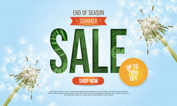 End of summer season sale banner with huge word SALE and dandelions on blue background