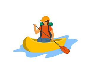 young woman traveling paddling canoe isolated vector illustration