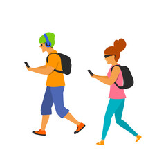young man and woman walking with smartphones texting on the way