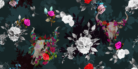 Wide vintage seamless background pattern. Wild flowers, peony with leaf and bulls head behind on black. Abstract watercolor, hand drawn, vector - stock.