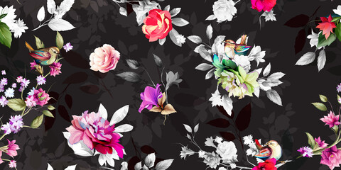 Wide vintage seamless background pattern. Peony, wild flowers, birds around with leaf on black. Abstract, hand drawn, vector - stock.