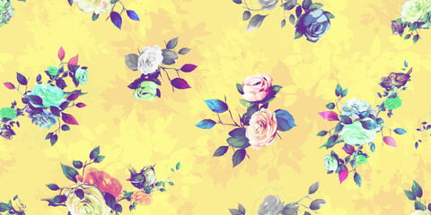 Obraz premium Wide vintage seamless background pattern. Beauty wild flowers, peony with leaf and wren birds on yellow. Abstract watercolor, hand drawn, vector - stock.