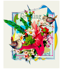 Vintage greeting card. Flowers with birds. Bouquet of camomile and abstract flowers. Can be used as invitation, greeting card, celebration, etc. Hand drawn, vector - stock.