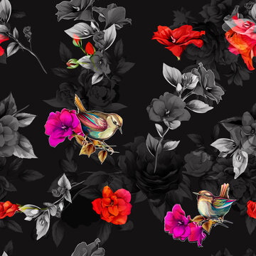  Seamless floral background pattern. Abstract flowers amaryllis, branches with leaves and birds on black. Pattern for textile, fabric and other prints purpose. Hand drawn artwork, vector wallpaper © iMacron