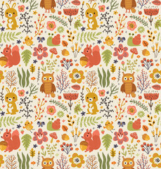Forest seamless pattern with cute animals 