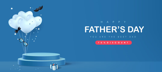 Father's Day card with product display cylindrical shape and gift box for dad on blue background