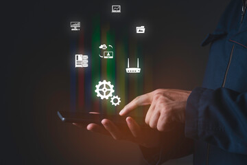 A man holding the mobile with vector flat white icon