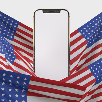 Happy 4th of July USA Independence Day and Smartphone mockup with decorate and american flag. Independence Day celebration of america. 3D rendering