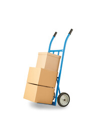 Blue hand truck, trolley cardboard package box isolated on white background.