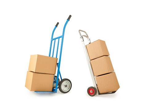 Blue hand truck, trolley cardboard package box isolated on white background.