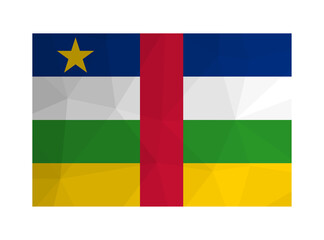 Vector isolated illustration. Official symbol of Central African Republic. National flag with ble, white, green, red, yellow stripes and star. Design in low poly style with triangular shapes.