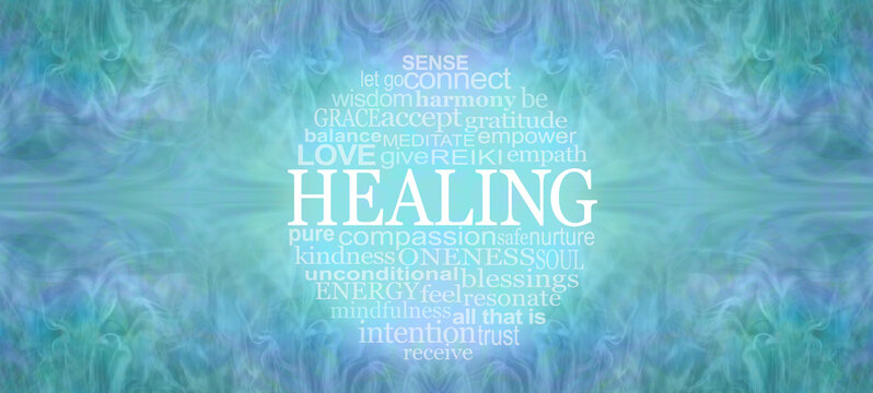 Healing Circle Spiritual Words Message Banner - beautiful symmetrical blue green etheric background with a centrally position circular healing word cloud with copy space
