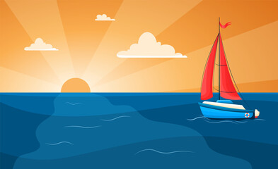 Fototapeta premium Vector illustration of a yacht at sea on a sunset background. Sailing. Yacht with scarlet sails in flat style. Sunset at sea with sailboat and seagulls. Summer vacation vector background