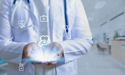 Medical Doctor holding A World globe in Her hands as medical network concept in hand touching icon...