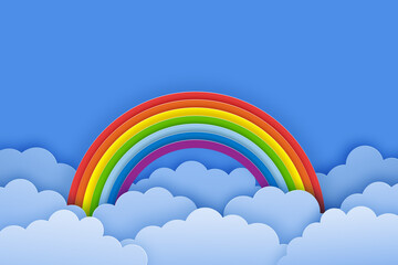 Bright summer background with rainbow, clouds and blue sky.