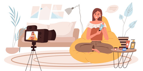 Blogging web concept in flat style. Beauty blogger records video review. Woman making makeup tutorial at her video channel. People character activities scenes. Vector illustration for website template