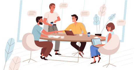 Business meeting web concept in flat style. Company employees communicate in conference room. Colleagues discuss work tasks. People character activities scene. Vector illustration for website template