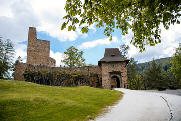 Fototapeta na wymiar Gothic medieval castle Velhartice in sunny day, tower and entrance gates with arch, moat around stronghold, fortress masonry walls, Velhartice, Sumava, South Bohemia, Czech Republic