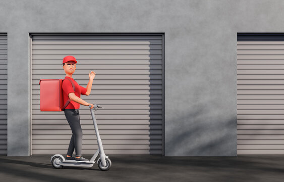 Courier man character in red form with food backpack ride on the electric kick scooter at street along storage units with copy space. Shopping and delivery concept.
